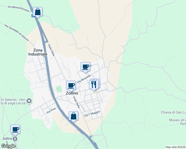 map of restaurants, bars, coffee shops, grocery stores, and more near 34 Via Alcide De Gasperi in Zollino