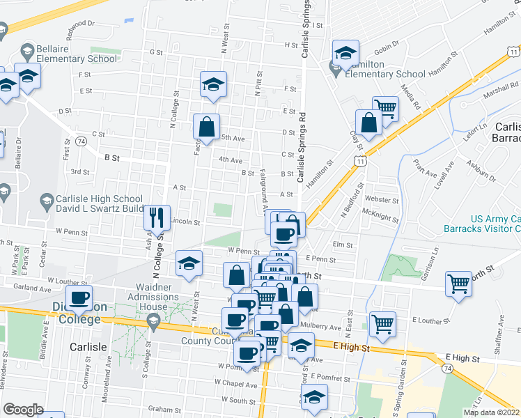 map of restaurants, bars, coffee shops, grocery stores, and more near 436 Fairground Avenue in Carlisle
