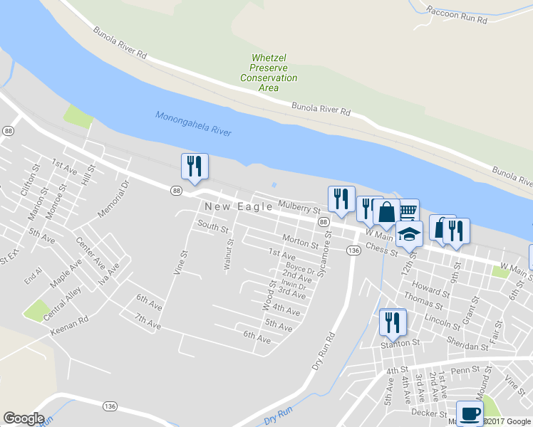 map of restaurants, bars, coffee shops, grocery stores, and more near 166 Main Street in New Eagle