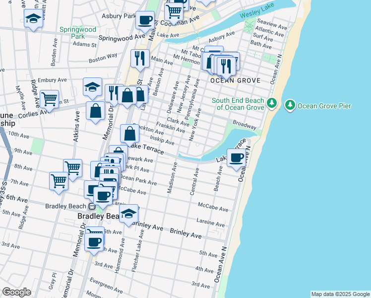 map of restaurants, bars, coffee shops, grocery stores, and more near 130 Pennsylvania Avenue in Neptune Township