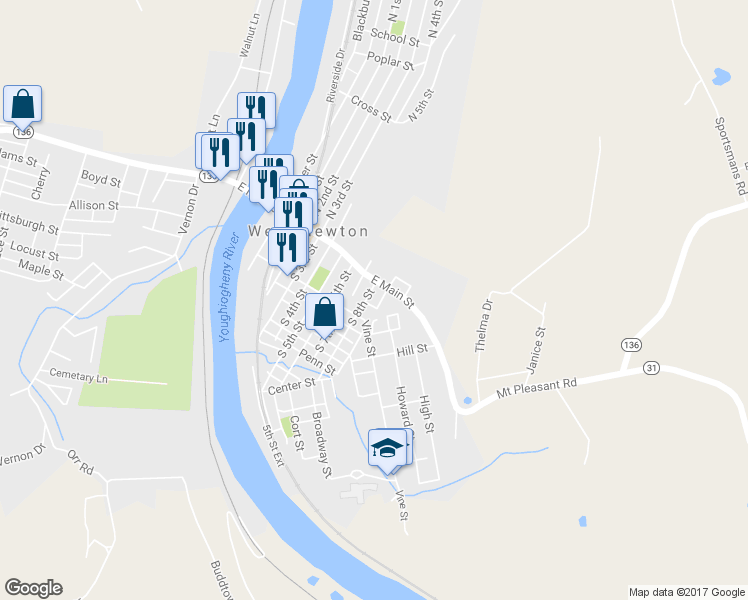 map of restaurants, bars, coffee shops, grocery stores, and more near 103 S 8th St in West Newton