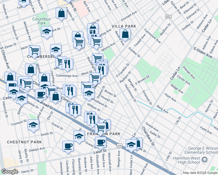 map of restaurants, bars, coffee shops, grocery stores, and more near 127 Vroom Street in Trenton