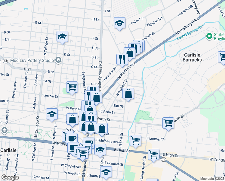 map of restaurants, bars, coffee shops, grocery stores, and more near 517 North Hanover Street in Carlisle
