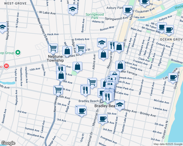 map of restaurants, bars, coffee shops, grocery stores, and more near 1200 10th Avenue in Neptune City