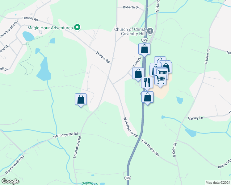 map of restaurants, bars, coffee shops, grocery stores, and more near 580 West Hoffecker Road in Pottstown