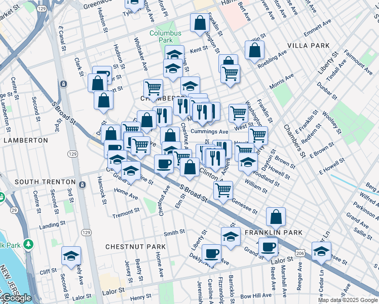 map of restaurants, bars, coffee shops, grocery stores, and more near 1024 Chestnut Avenue in Trenton