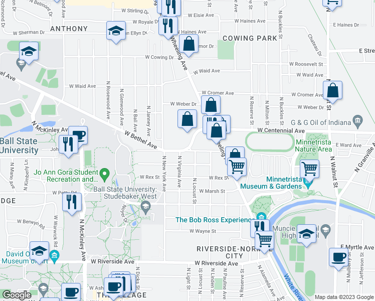 map of restaurants, bars, coffee shops, grocery stores, and more near 1128 West Bethel Avenue in Muncie