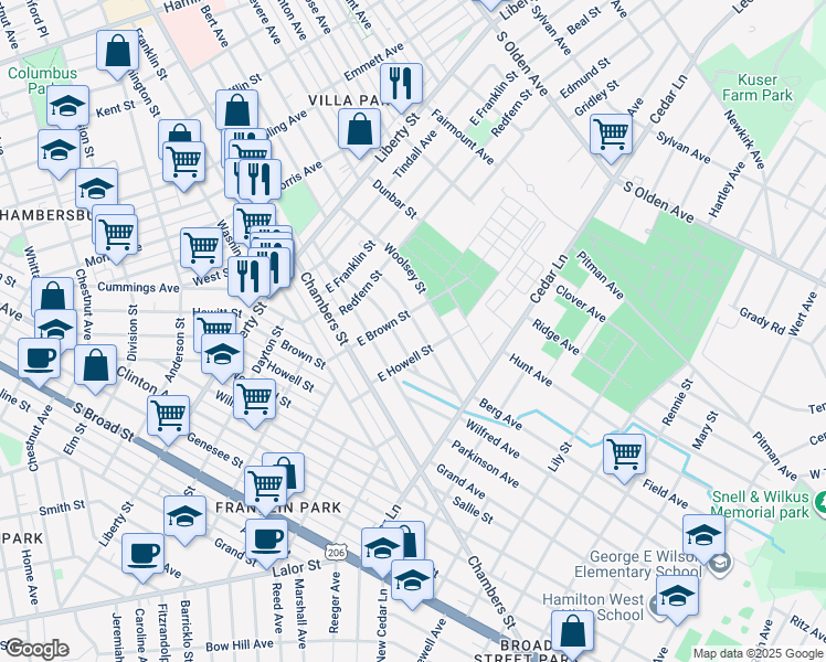 map of restaurants, bars, coffee shops, grocery stores, and more near 121 Emanuel Street in Hamilton Township