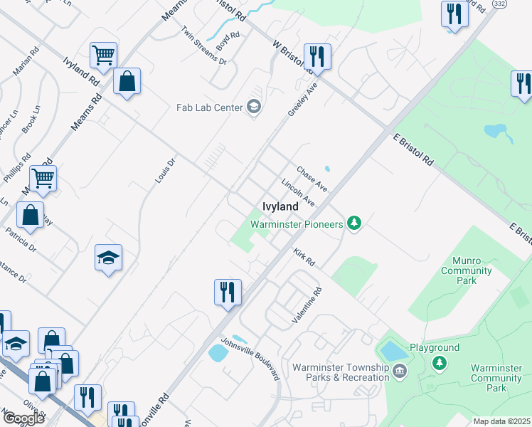 map of restaurants, bars, coffee shops, grocery stores, and more near 63 Wilson Avenue in Warminster