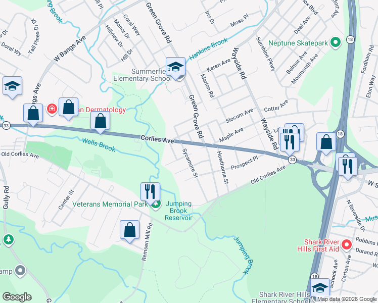 map of restaurants, bars, coffee shops, grocery stores, and more near 400 Sycamore St in Neptune Township