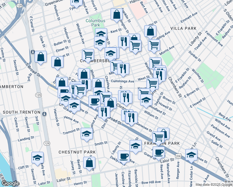 map of restaurants, bars, coffee shops, grocery stores, and more near 130 Rusling Street in Trenton