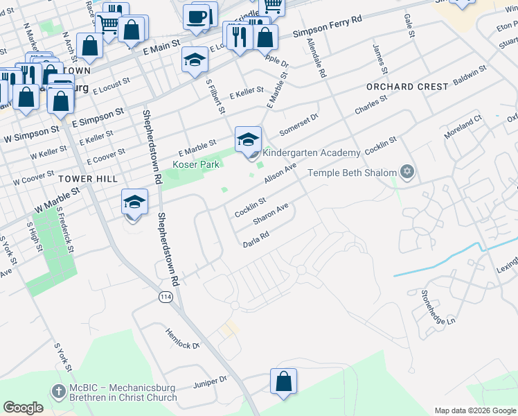 map of restaurants, bars, coffee shops, grocery stores, and more near 410 Cocklin Street in Mechanicsburg