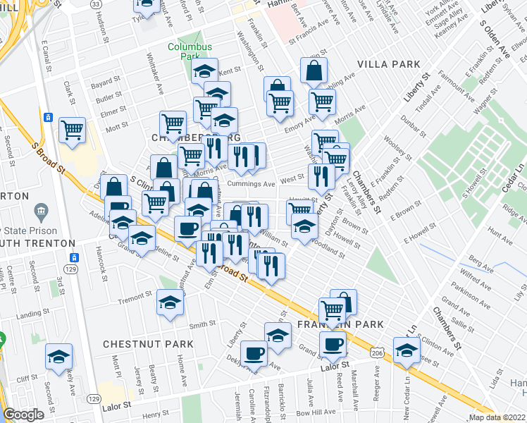 map of restaurants, bars, coffee shops, grocery stores, and more near 228 Rusling Street in Trenton