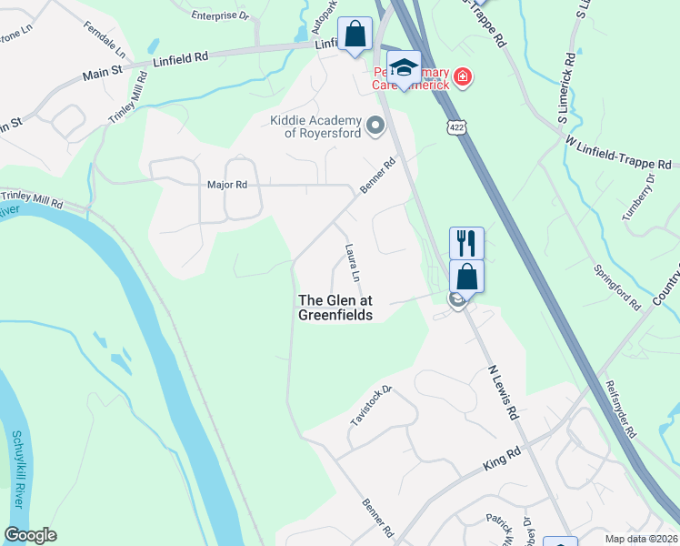 map of restaurants, bars, coffee shops, grocery stores, and more near 303 Fox Trail in Royersford