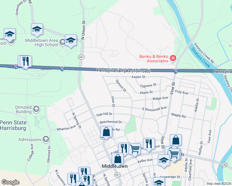 map of restaurants, bars, coffee shops, grocery stores, and more near 114 Birch Street in Middletown