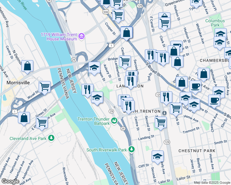 map of restaurants, bars, coffee shops, grocery stores, and more near 227 Federal Street in Trenton