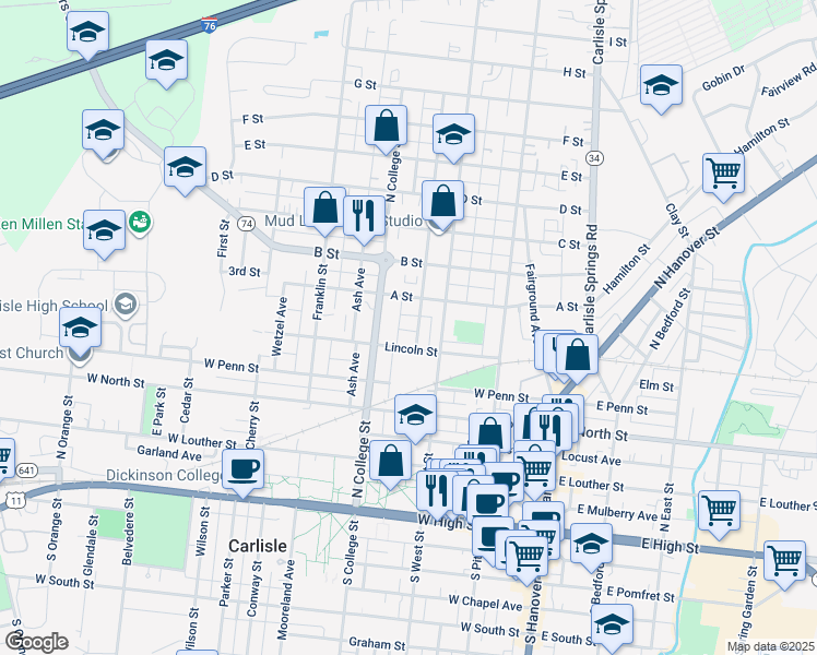 map of restaurants, bars, coffee shops, grocery stores, and more near 426 Factory Street in Carlisle