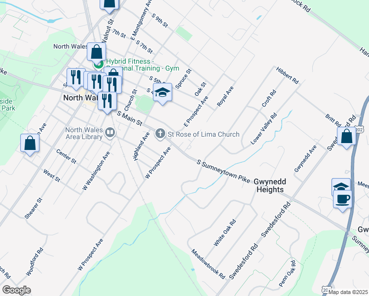 map of restaurants, bars, coffee shops, grocery stores, and more near 511 South Main Street in North Wales