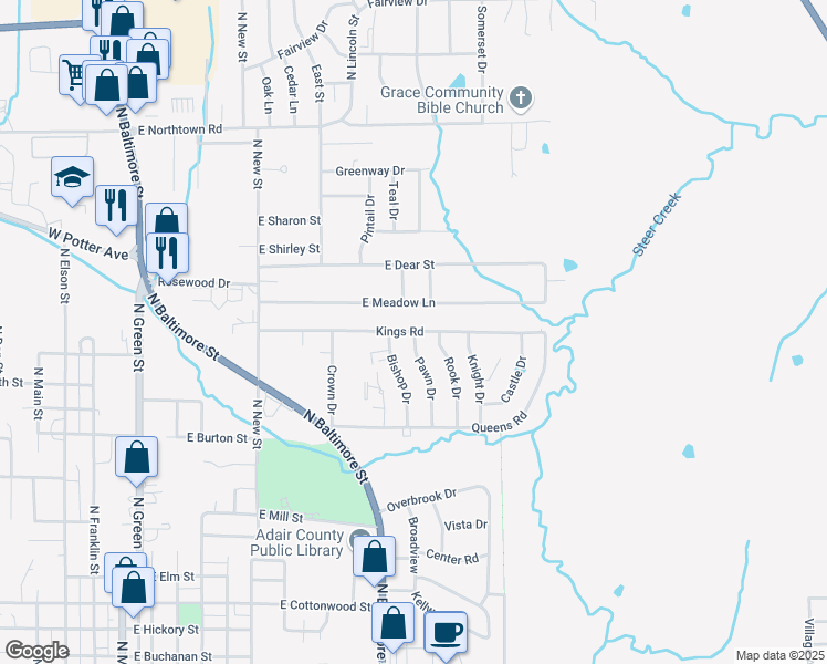 map of restaurants, bars, coffee shops, grocery stores, and more near 1204 Kings Rd in Kirksville