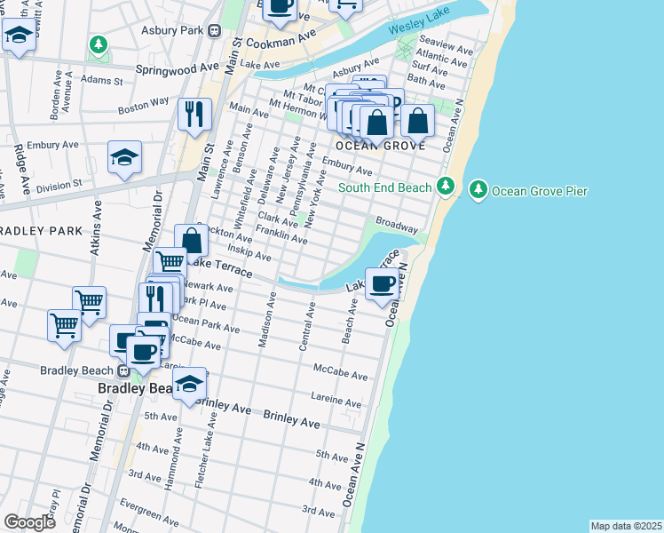map of restaurants, bars, coffee shops, grocery stores, and more near 123 Central Avenue in Monmouth County