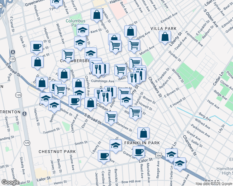 map of restaurants, bars, coffee shops, grocery stores, and more near 767 Anderson Street in Trenton