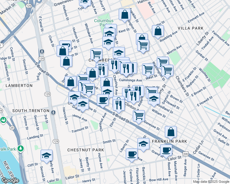 map of restaurants, bars, coffee shops, grocery stores, and more near 110 Rusling Street in Trenton