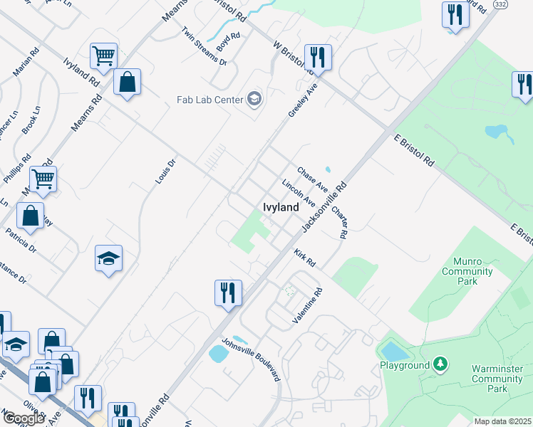 map of restaurants, bars, coffee shops, grocery stores, and more near 63 Wilson Avenue in Warminster