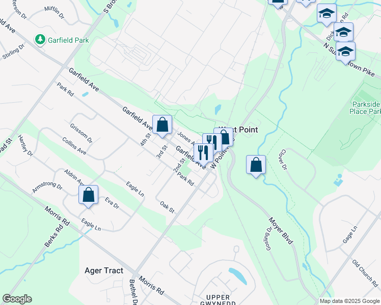 map of restaurants, bars, coffee shops, grocery stores, and more near 621 Garfield Avenue in Lansdale