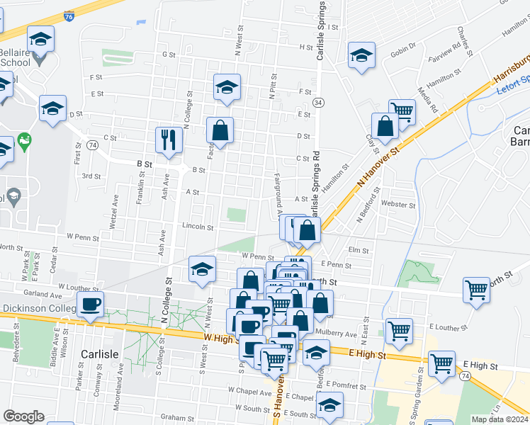 map of restaurants, bars, coffee shops, grocery stores, and more near 436 Fairground Avenue in Carlisle