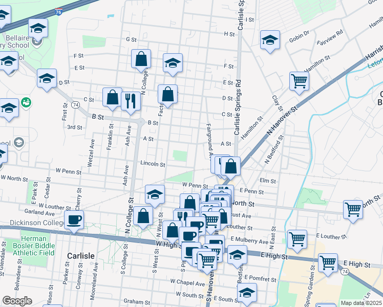 map of restaurants, bars, coffee shops, grocery stores, and more near 126 Lincoln Street in Carlisle