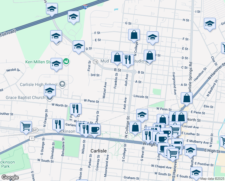 map of restaurants, bars, coffee shops, grocery stores, and more near 415 Lincoln Street in Carlisle