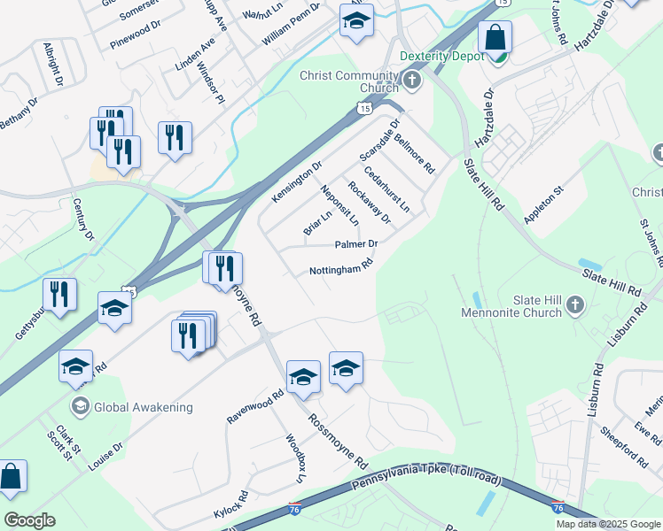 map of restaurants, bars, coffee shops, grocery stores, and more near 13 Nottingham Road in Camp Hill