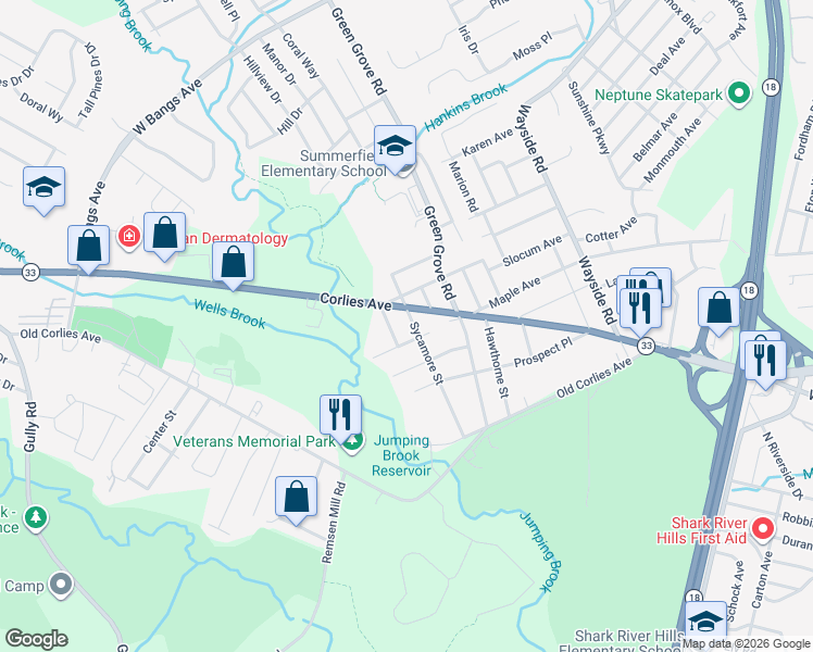 map of restaurants, bars, coffee shops, grocery stores, and more near 400 Sycamore Street in Neptune City