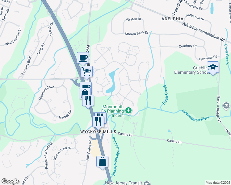 map of restaurants, bars, coffee shops, grocery stores, and more near 88B Chapel Lane in Freehold