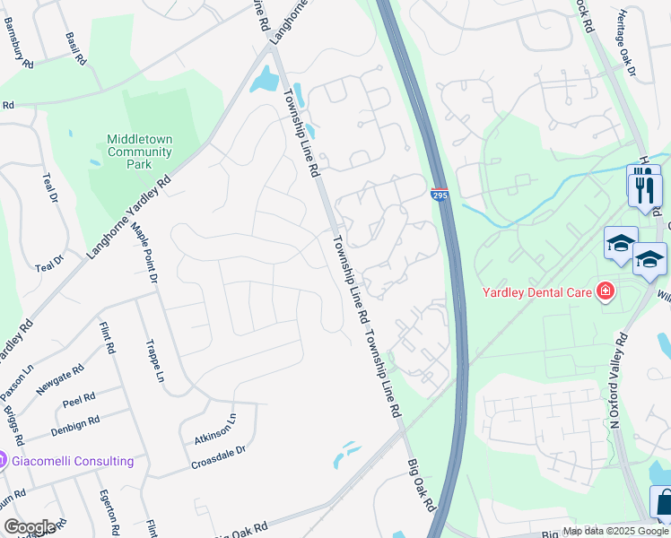 map of restaurants, bars, coffee shops, grocery stores, and more near 28 Gunning Lane in Langhorne