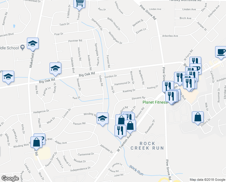 map of restaurants, bars, coffee shops, grocery stores, and more near 140 Jay Drive in Morrisville
