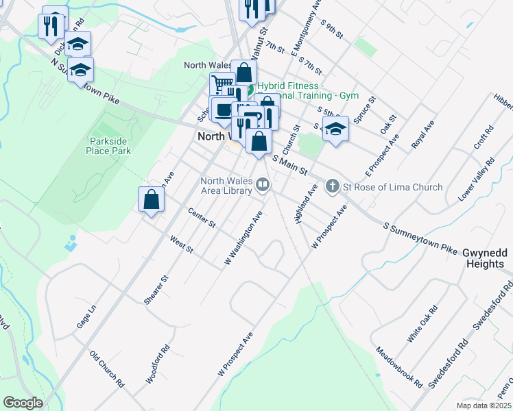 map of restaurants, bars, coffee shops, grocery stores, and more near 304 Washington Avenue in North Wales