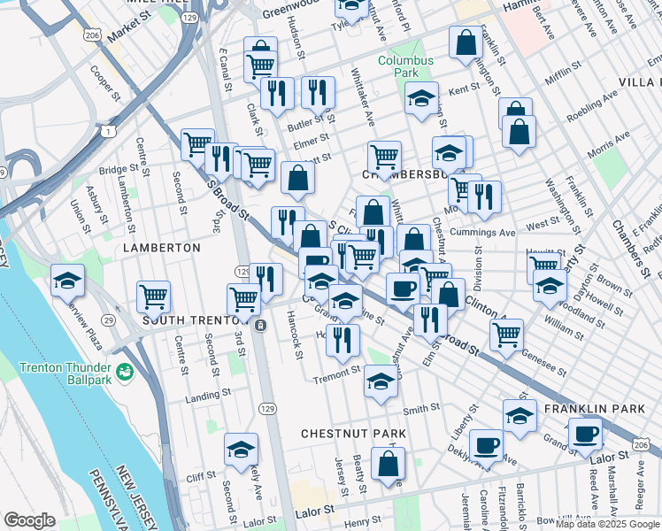 map of restaurants, bars, coffee shops, grocery stores, and more near 826 South Broad Street in Trenton