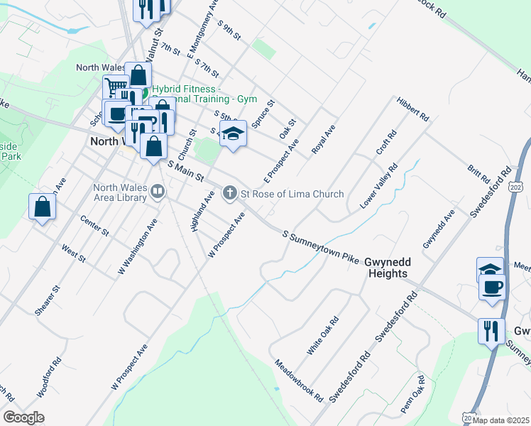 map of restaurants, bars, coffee shops, grocery stores, and more near 511 South Main Street in North Wales