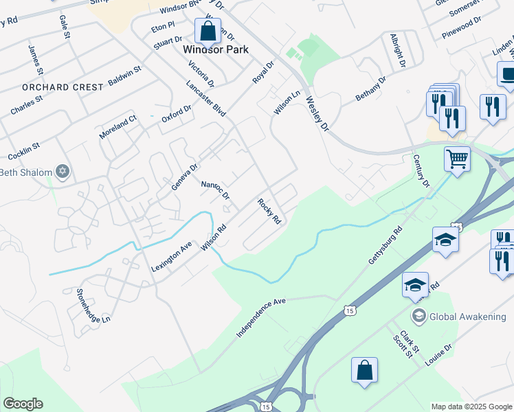 map of restaurants, bars, coffee shops, grocery stores, and more near 641 Cedar Ridge Lane in Mechanicsburg