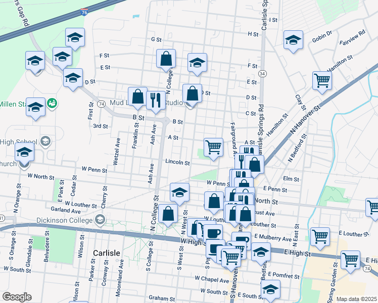 map of restaurants, bars, coffee shops, grocery stores, and more near 436 North West Street in Carlisle
