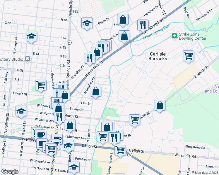 map of restaurants, bars, coffee shops, grocery stores, and more near 624 Letort Spring Road in Carlisle