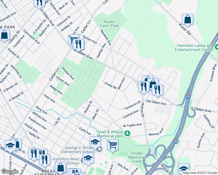 map of restaurants, bars, coffee shops, grocery stores, and more near 48 Grady Road in Hamilton Township