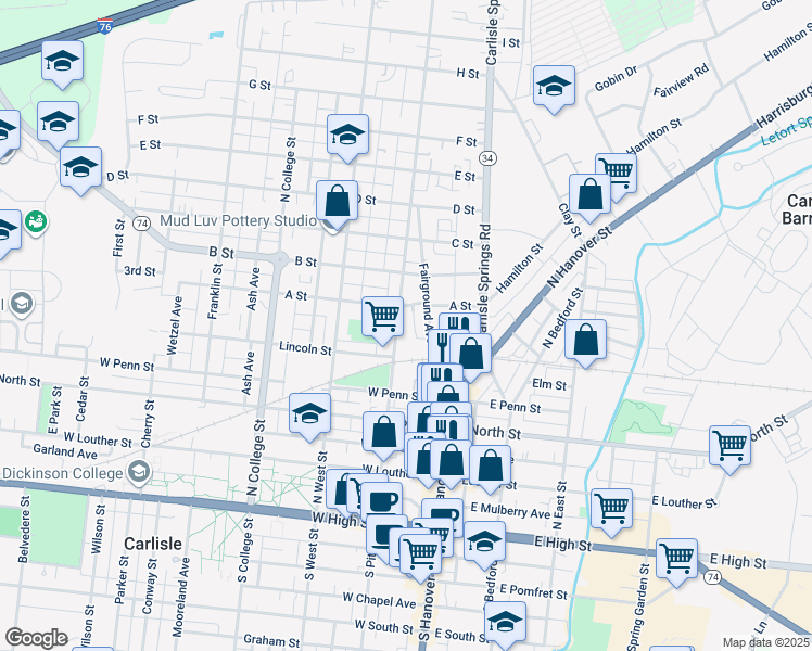 map of restaurants, bars, coffee shops, grocery stores, and more near 443 North Pitt Street in Carlisle