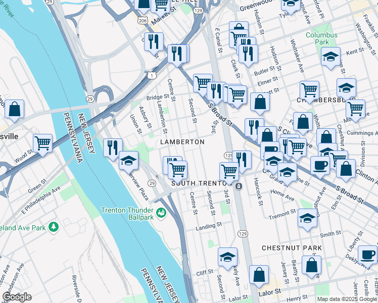 map of restaurants, bars, coffee shops, grocery stores, and more near 422 Centre St in Trenton
