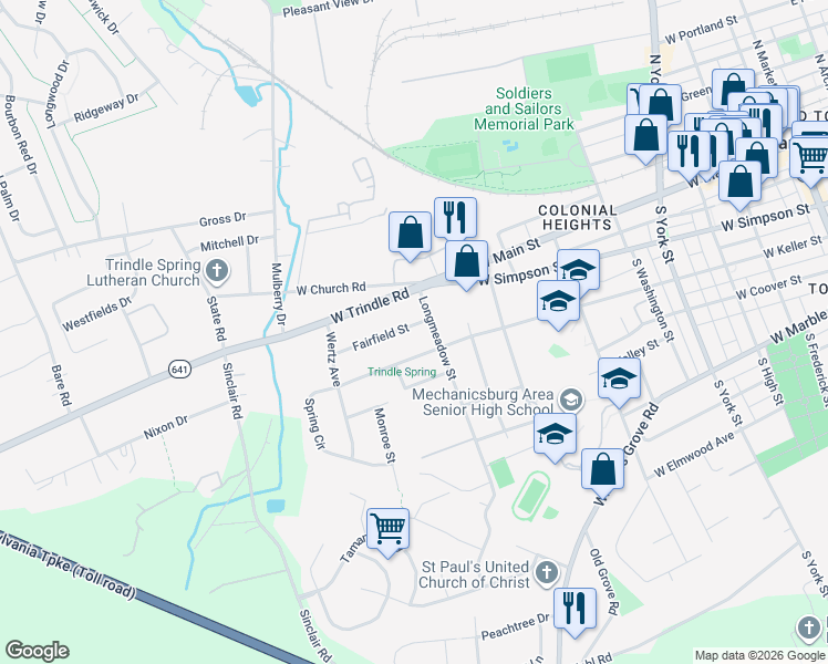 map of restaurants, bars, coffee shops, grocery stores, and more near 807 Fairfield Street in Mechanicsburg