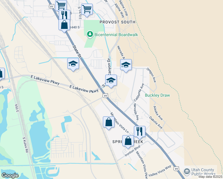 map of restaurants, bars, coffee shops, grocery stores, and more near 1991 South State Street in Provo