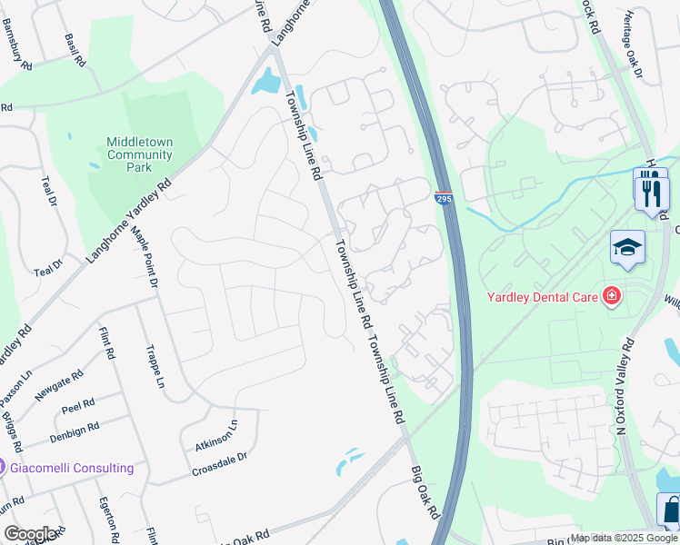 map of restaurants, bars, coffee shops, grocery stores, and more near 28 Gunning Lane in Langhorne