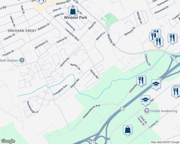 map of restaurants, bars, coffee shops, grocery stores, and more near 641 Cedar Ridge Lane in Mechanicsburg