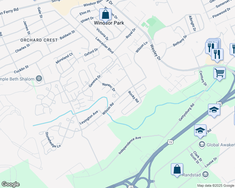 map of restaurants, bars, coffee shops, grocery stores, and more near 1123 Nanroc Drive in Mechanicsburg